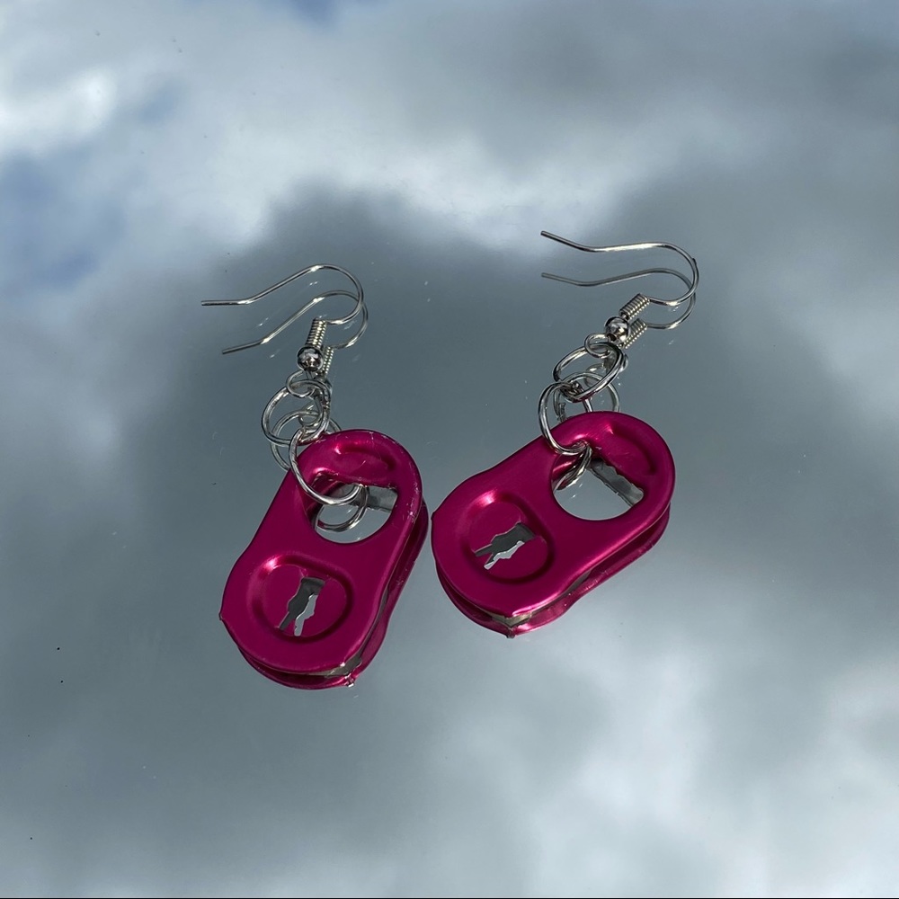 pink peace tea can opener earrings.